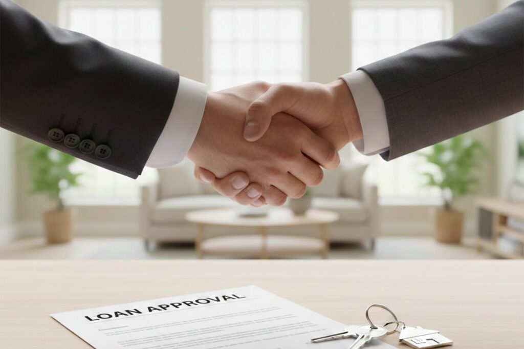 Close-up of two people in suits shaking hands over a 'Loan Approval' document and house keys on a wooden desk.