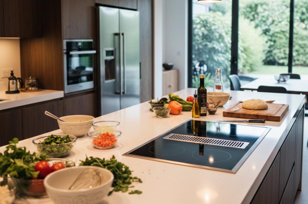 A bright residential kitchen island with an integrated induction cooktop, fresh vegetables, and bowls prepared for cooking with a garden view.