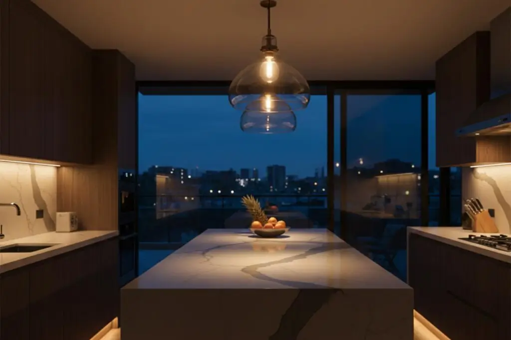 A moody, high-end kitchen at night featuring a marble island with warm under-cabinet lighting and a large window overlooking a blue city skyline.