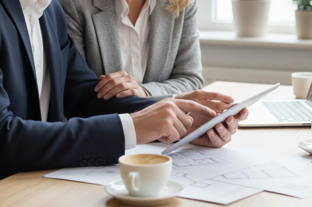 Two professionals in business attire reviewing restaurant floor plans on a digital tablet and paper during a project meeting.