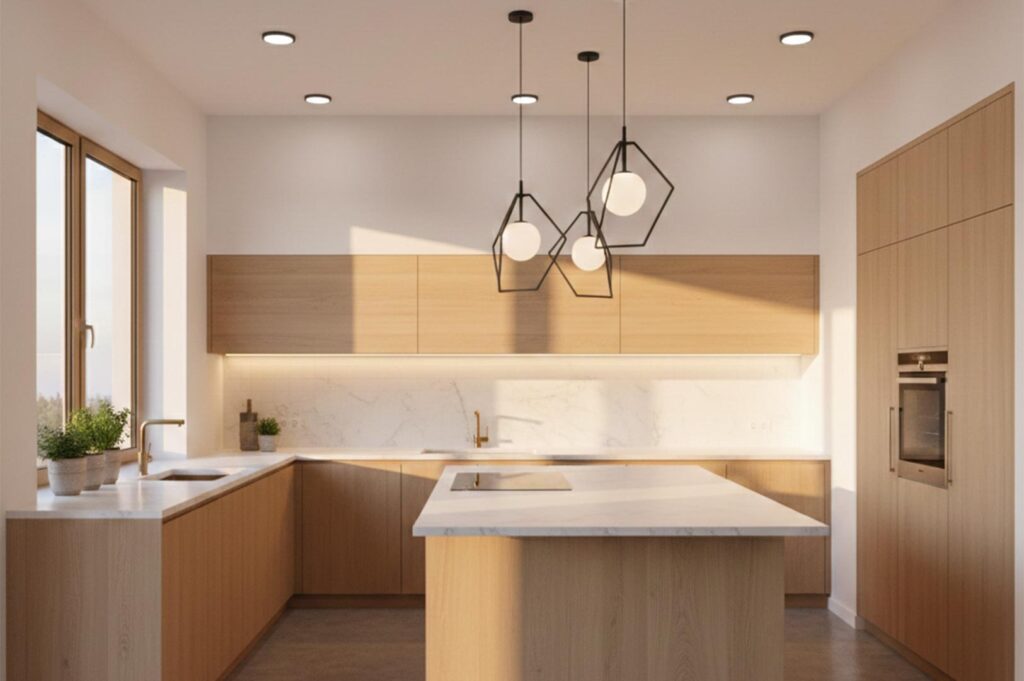 A bright, Scandinavian-inspired kitchen with light wood cabinetry, white marble countertops, and geometric black pendant lights, illuminated by soft natural sunlight from a large window.