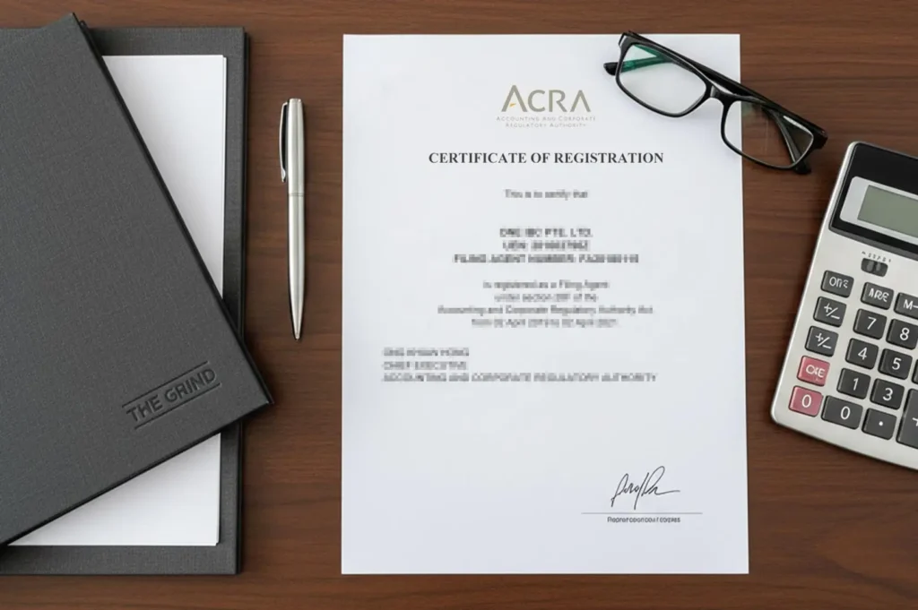 An official ACRA Certificate of Registration for a Singapore business placed on a wooden desk next to a calculator, glasses, and a branded folder.