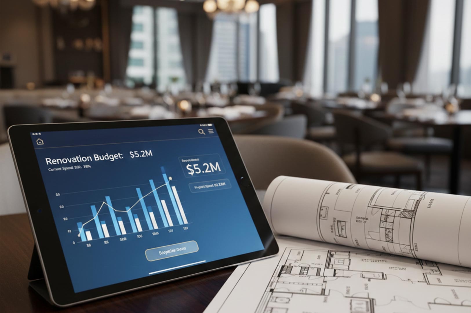 A digital tablet displaying a renovation budget of 5.2 million dollars with financial bar charts, placed next to architectural blueprints in a blurred restaurant setting.