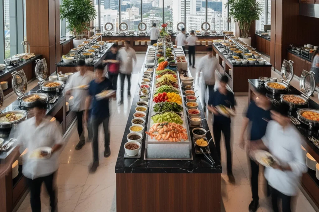 A long exposure shot of a bustling hotel buffet showing guests in motion while selecting food from a central station featuring fresh seafood and salads.