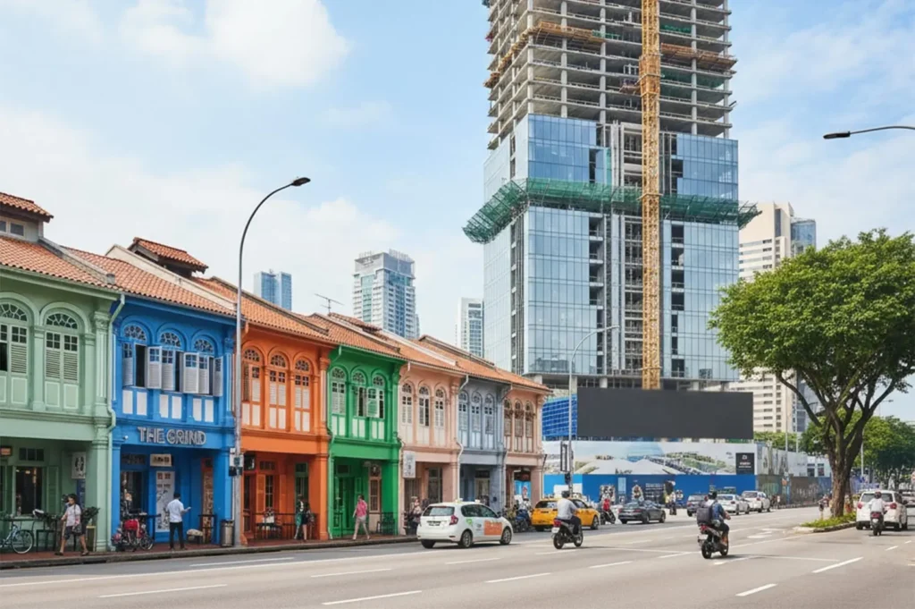 A vibrant row of traditional Singaporean shophouses in various colors, featuring The Grind cafe in a bright blue unit on a busy city street.