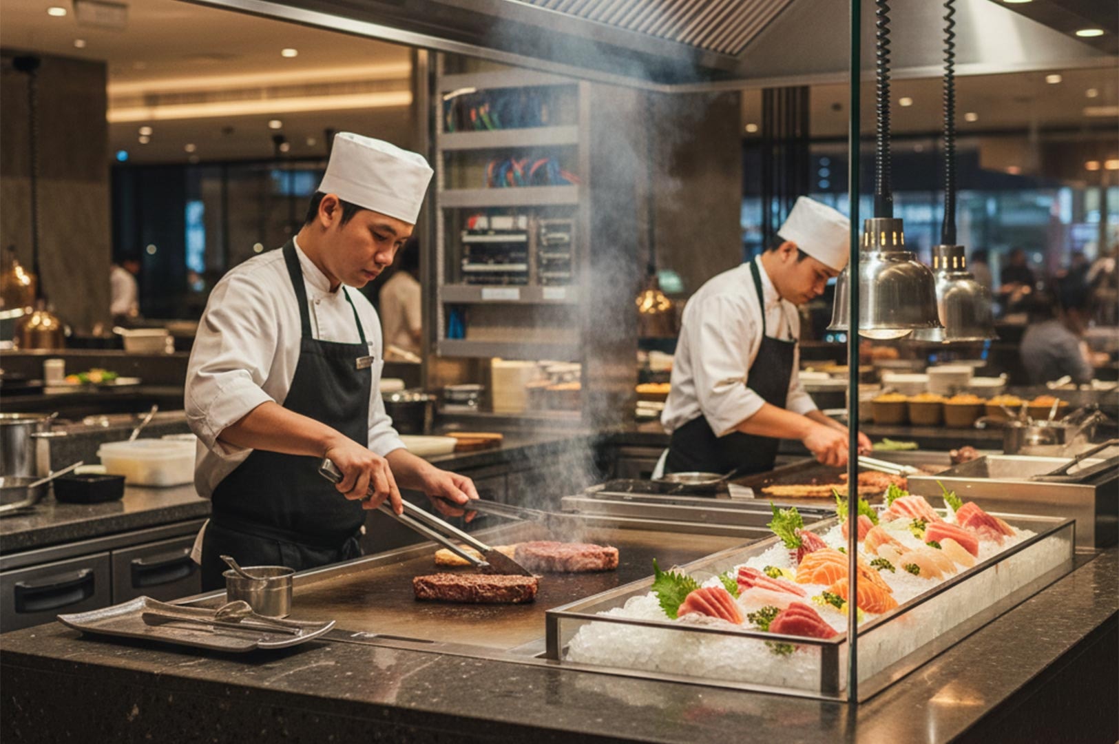 Two professional chefs in white uniforms and black aprons preparing steaks and fresh seafood on a large flat-top grill at a live cooking station.