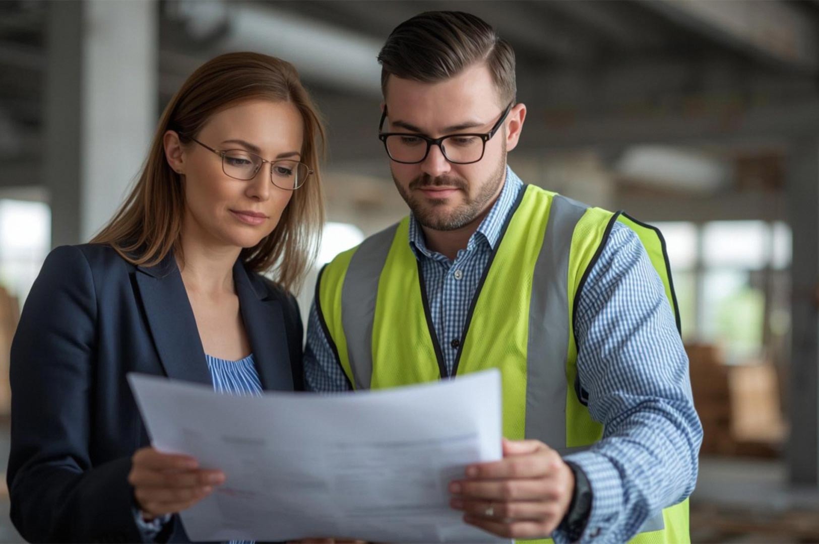 A professional woman and a male contractor in a safety vest reviewing architectural blueprints and construction documents on-site.