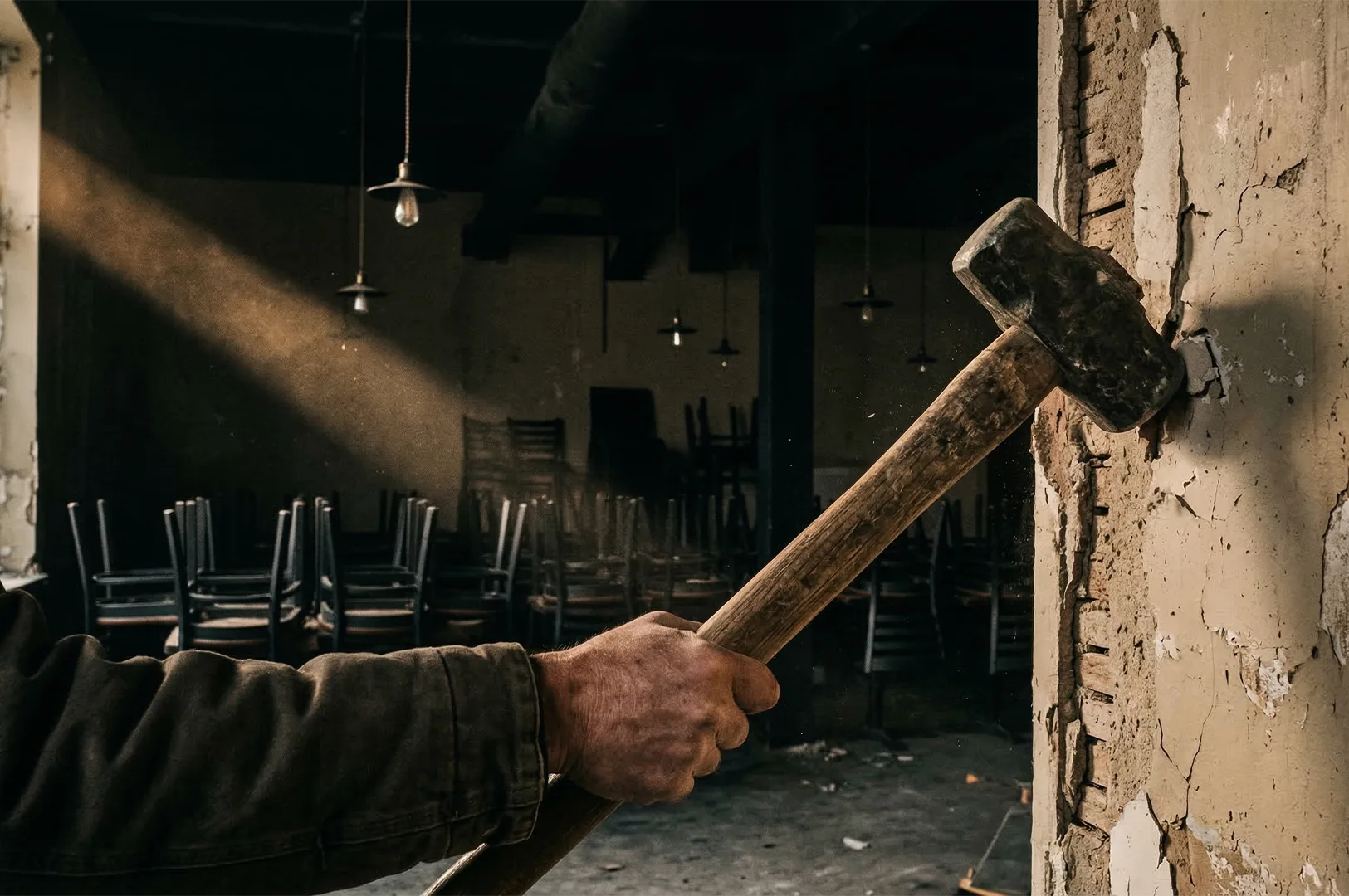 A hand wielding a sledgehammer strikes a crumbling wall in a dim, abandoned room with stacked chairs, conveying themes of demolition and decay.