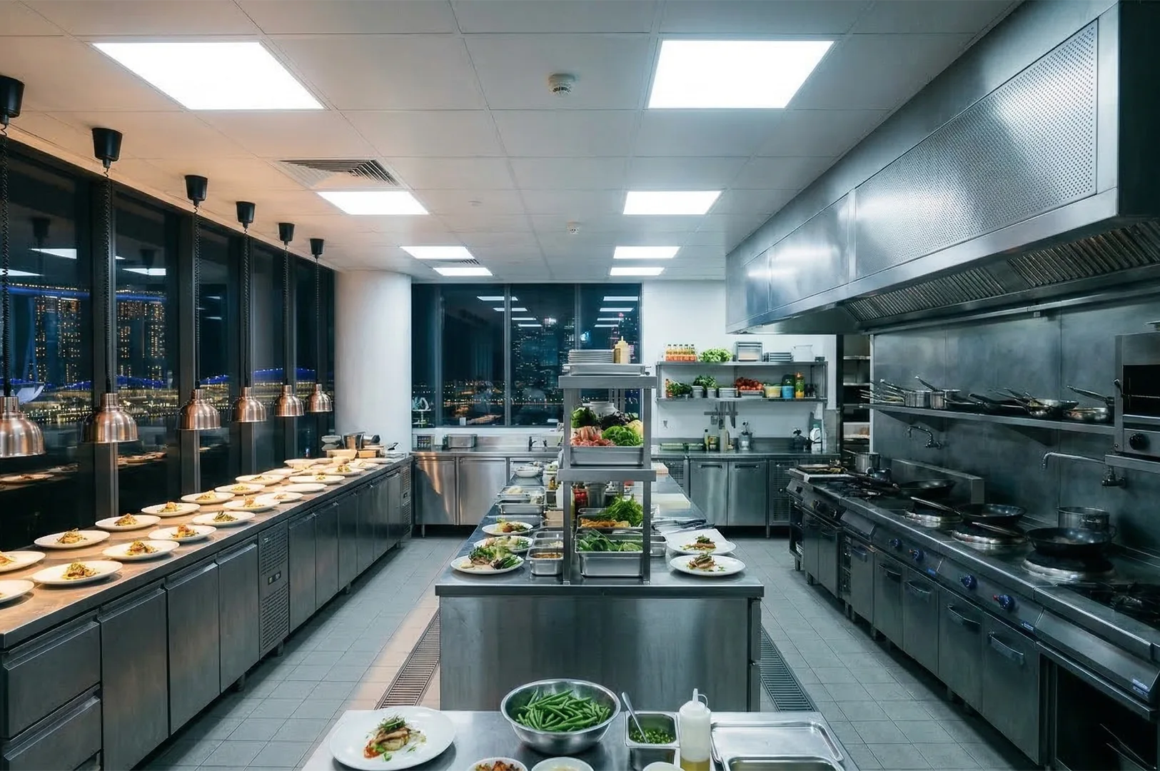 A wide shot of a modern commercial kitchen featuring stainless steel prep stations and bright LED panel lighting.