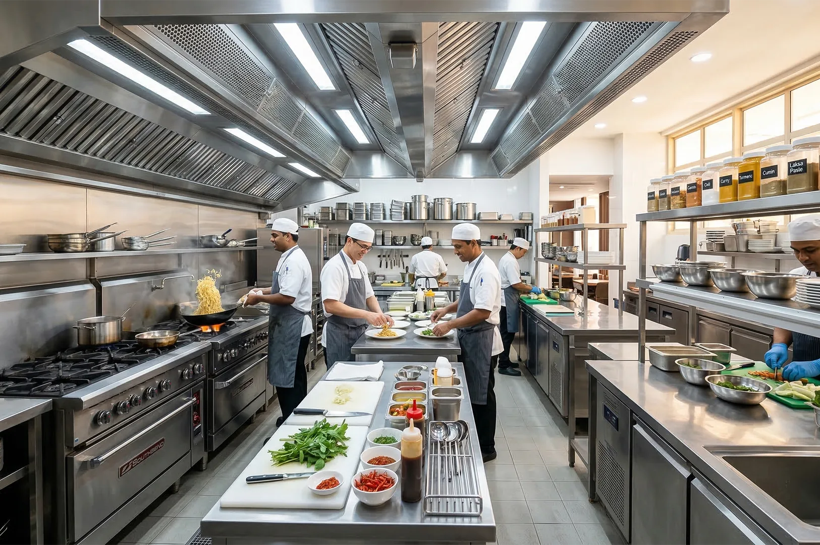 A high-paced commercial kitchen with professional chefs in white uniforms preparing Asian cuisine under large industrial exhaust hoods.