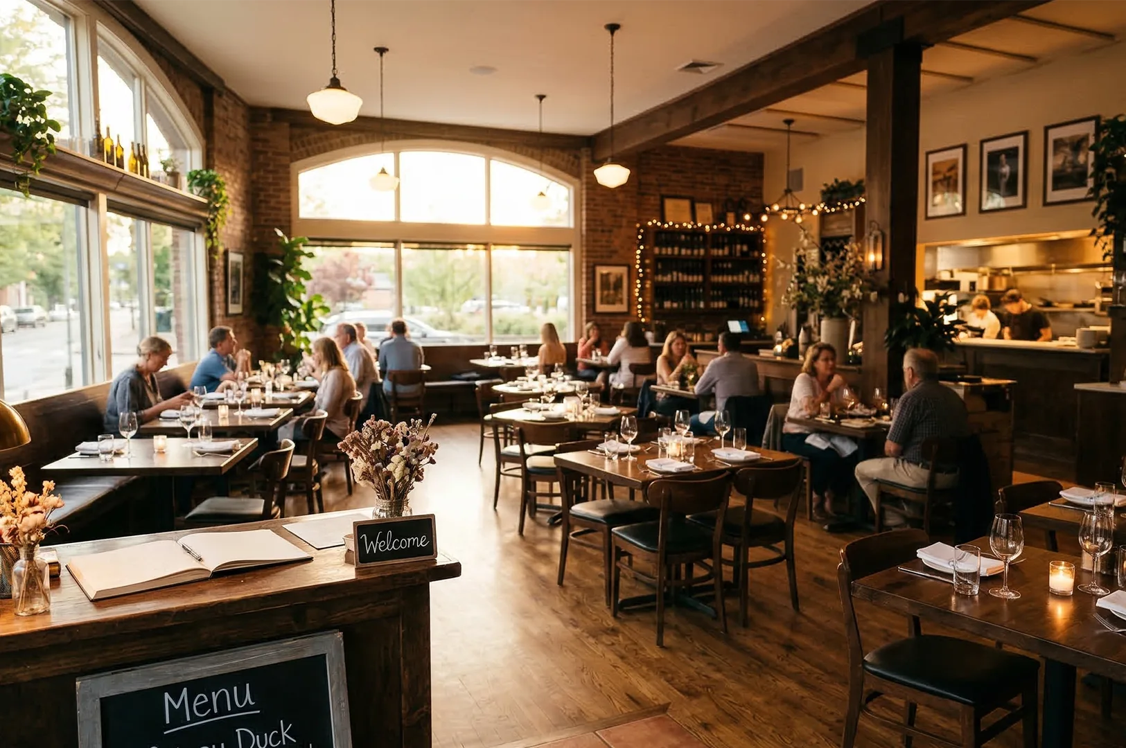 A wide-angle view of a warm, bustling upscale restaurant interior featuring exposed brick walls, large arched windows, and wooden tables filled with diners during the evening.