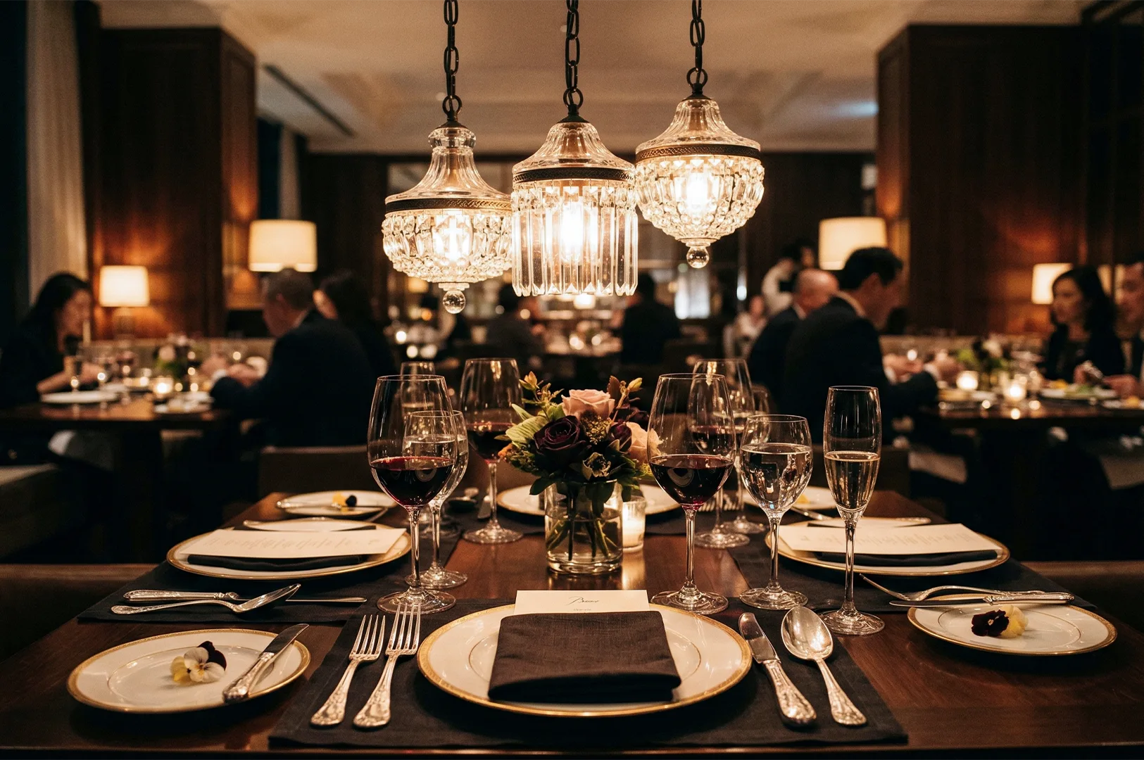 A sophisticated fine dining table set with crystal glassware and ornate hanging pendant lights in a dimly lit luxury restaurant.