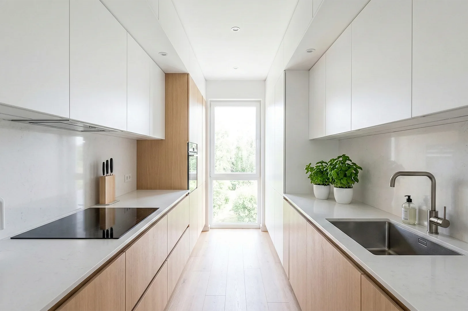 A bright minimalist galley kitchen featuring light wood lower cabinets, white upper cabinets, and a large window providing natural light.