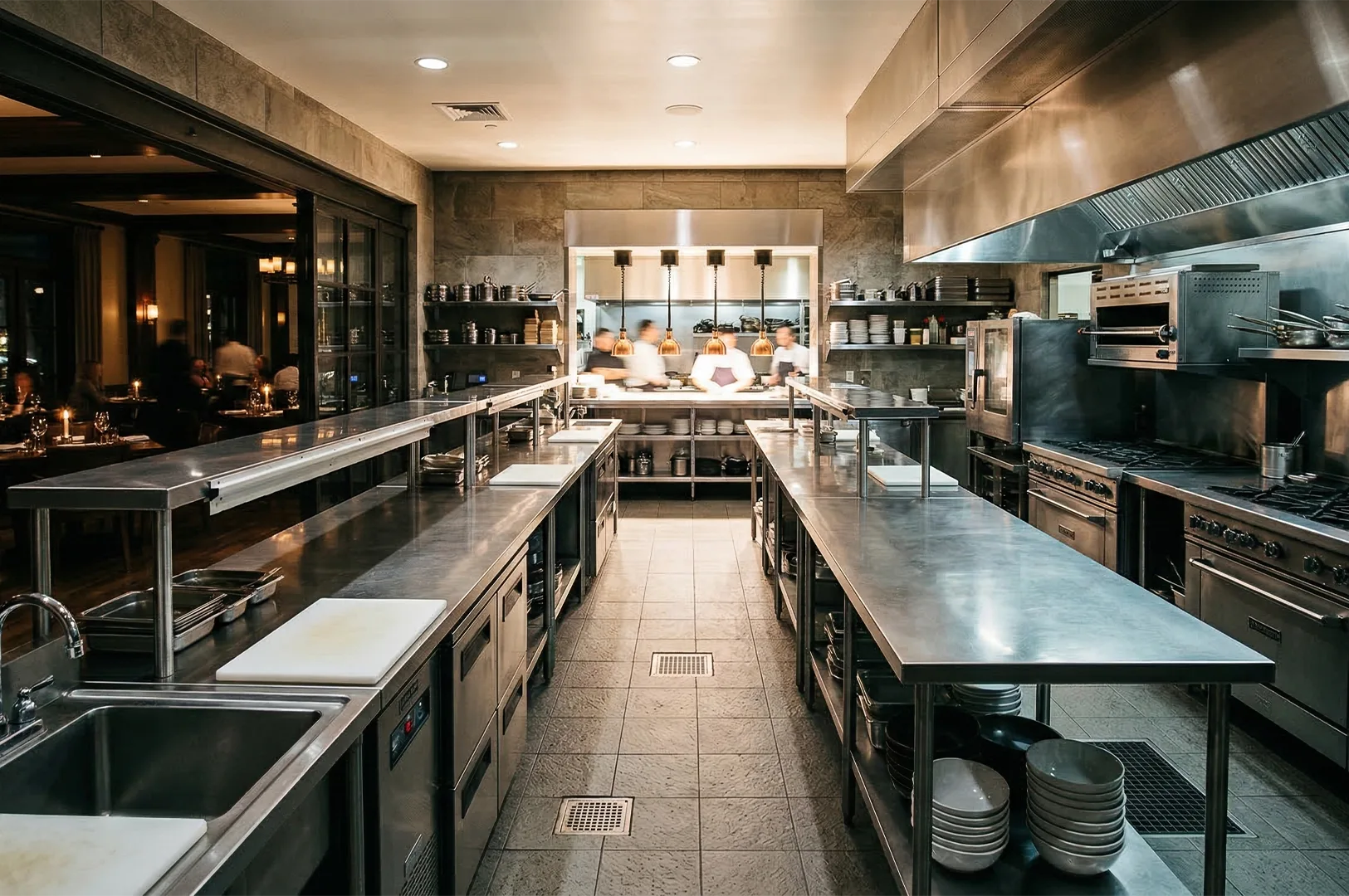 A wide shot of a professional commercial kitchen featuring stainless steel prep stations, industrial ranges, and a heat-lamp pass-through.