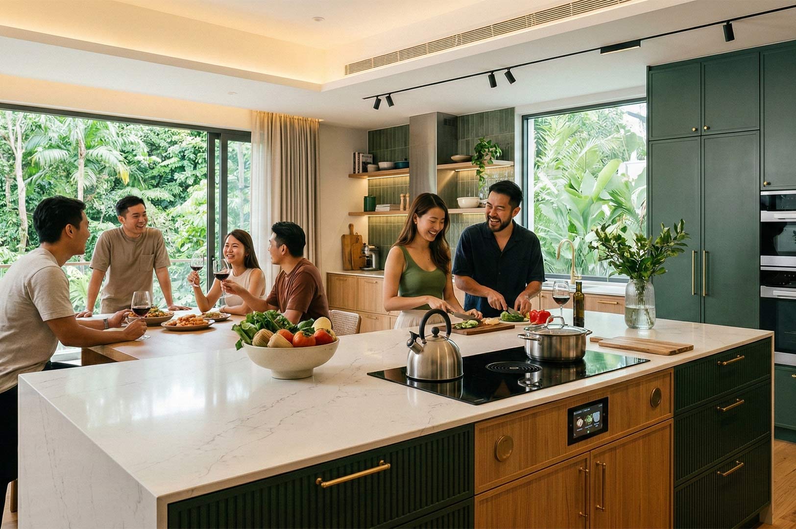 A group of friends gathering around a large marble kitchen island with green cabinetry and integrated smart appliances in a bright, modern home.