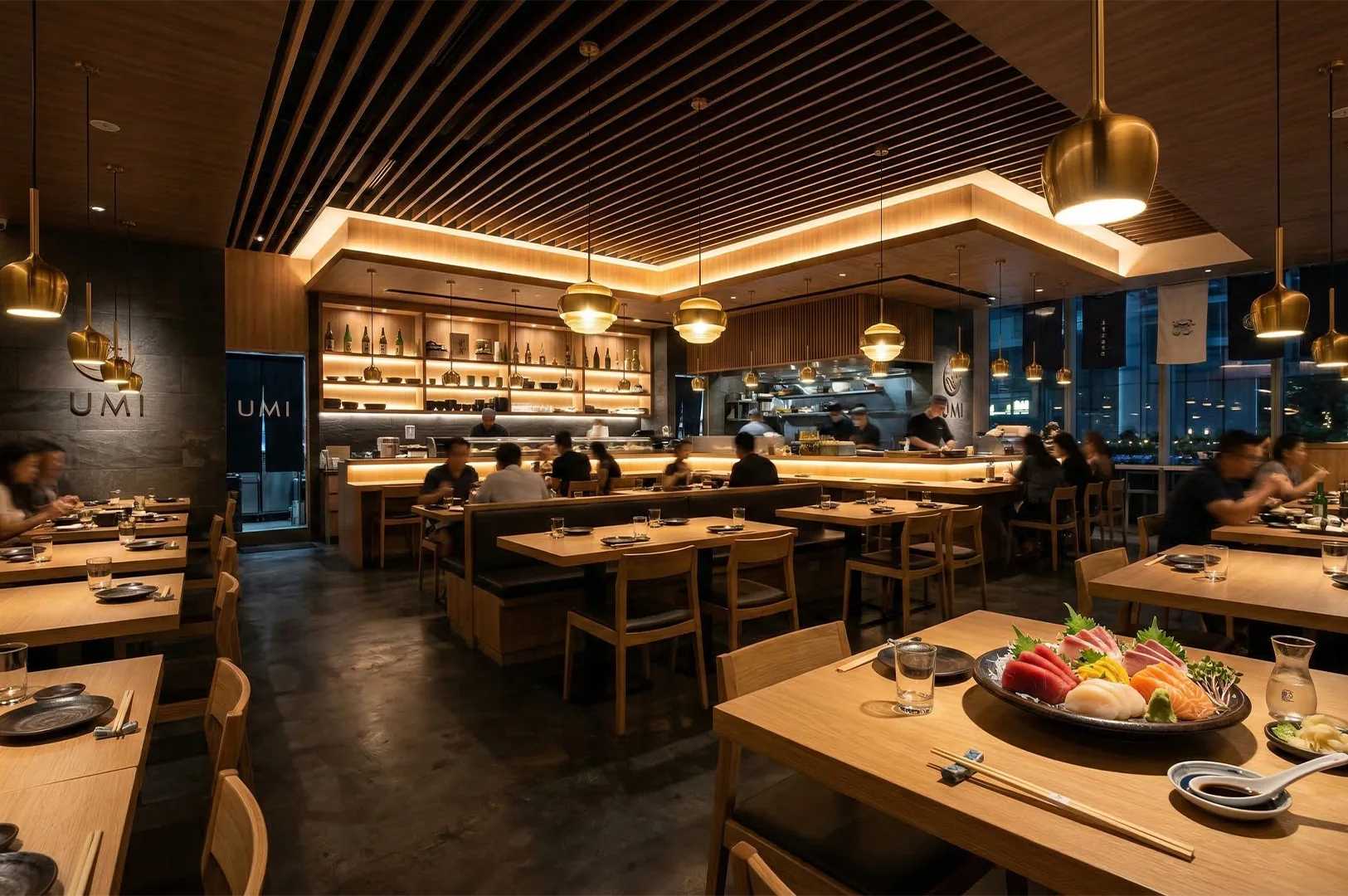 Interior of UMI Japanese restaurant featuring warm pendant lighting, wooden slat ceilings, and customers dining at wooden tables.