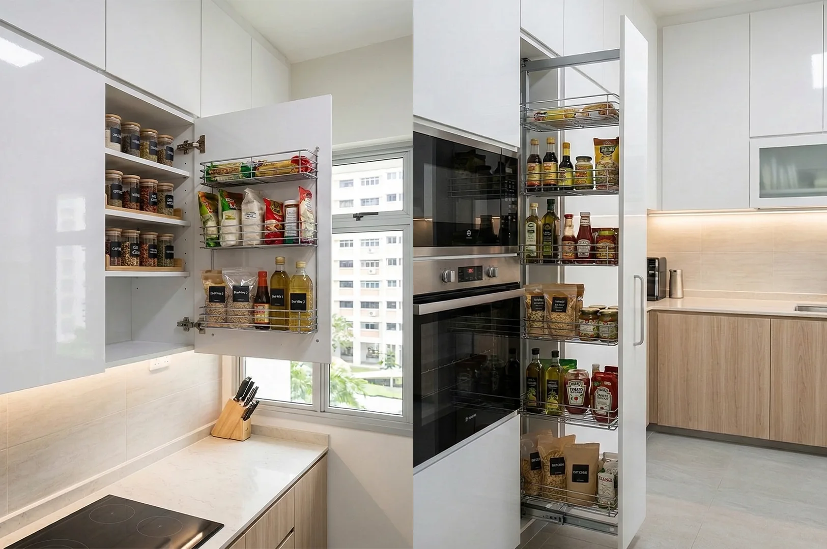 A modern white kitchen featuring a pull-out vertical pantry and a cabinet door with built-in wire spice racks for organized food storage.