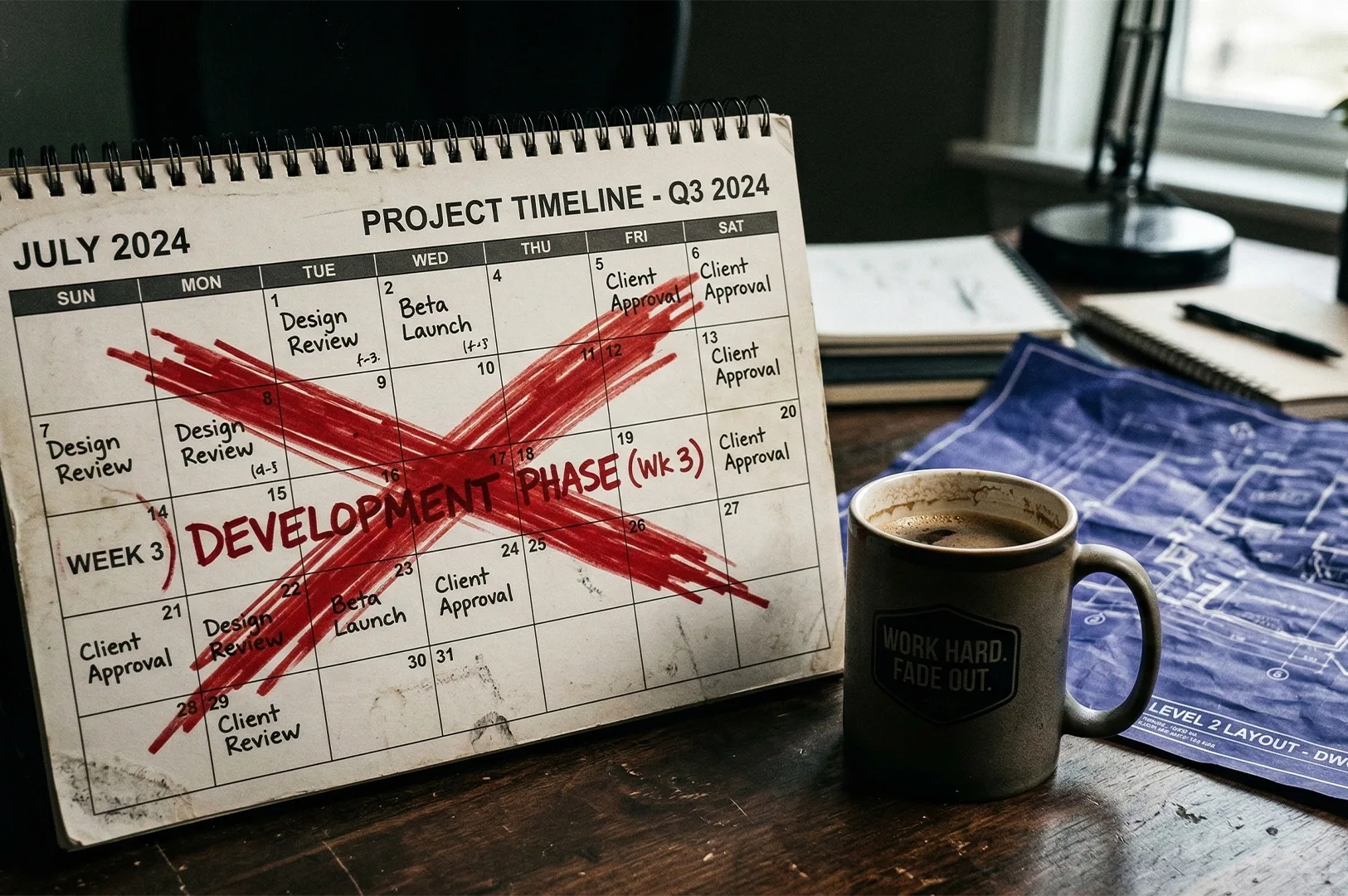 A calendar on a desk shows July 2024 with "Development Phase (wk 3)" crossed out in red. Nearby, a mug says "Work hard. Fade out." and blueprints are visible, conveying a theme of intense work and canceled plans.