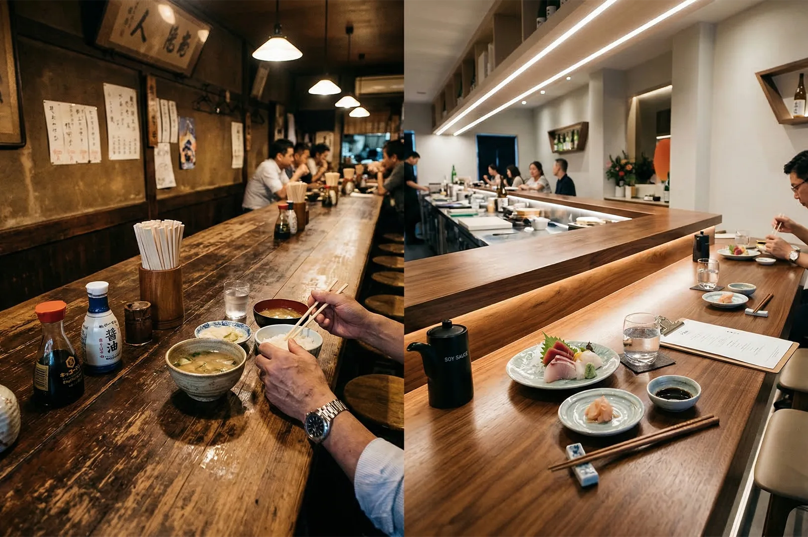 A side-by-side comparison of a rustic, traditional Japanese ramen shop with dark wood and a sleek, minimalist modern sushi bar with bright lighting.