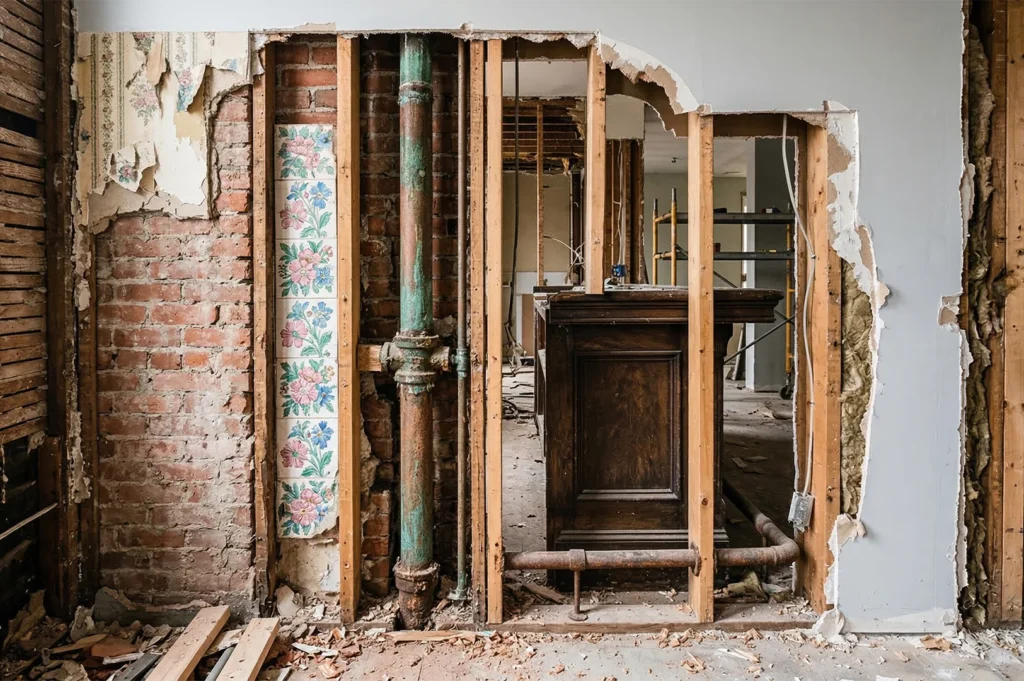 Exposed wall with floral wallpaper and pipes in a partially demolished room, revealing brick and wood framing. Dust and debris evoke a sense of renovation.