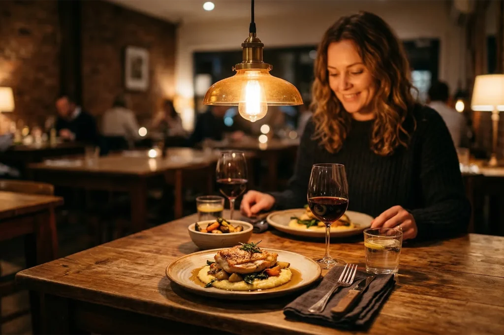 A close-up shot of a woman smiling over a gourmet roasted chicken dinner served on a bed of mashed potatoes, accompanied by glasses of red wine in a dimly lit restaurant.