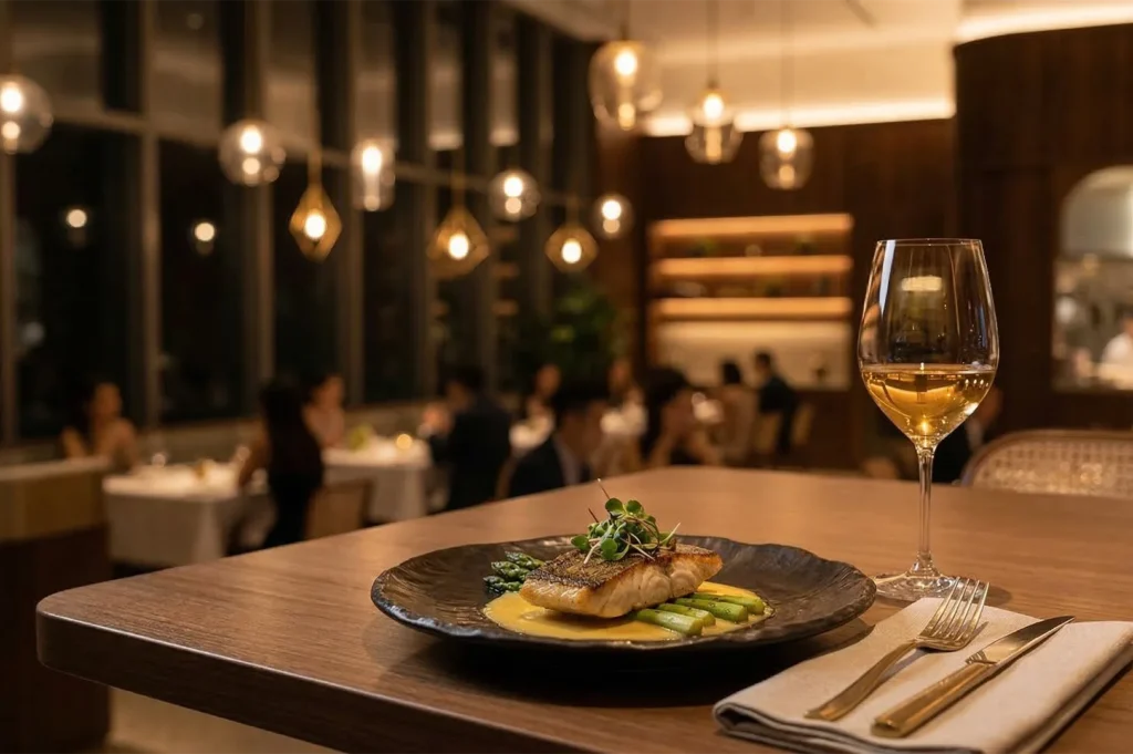 A close-up of a gourmet pan-seared fish fillet served with green asparagus and saffron sauce in a dimly lit luxury restaurant setting.