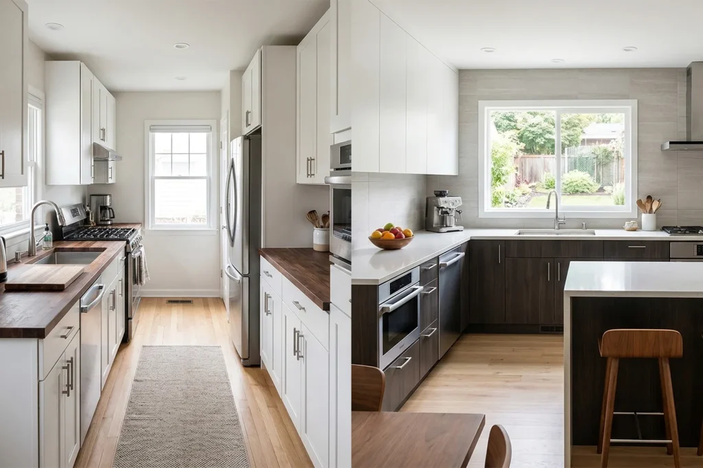 Comparison of a bright galley kitchen with butcher block countertops and white cabinets versus a modern dark wood kitchen with a large island.