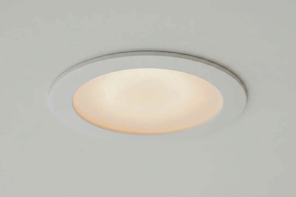 Close-up of a sleek white recessed circular LED downlight installed in a clean white ceiling.