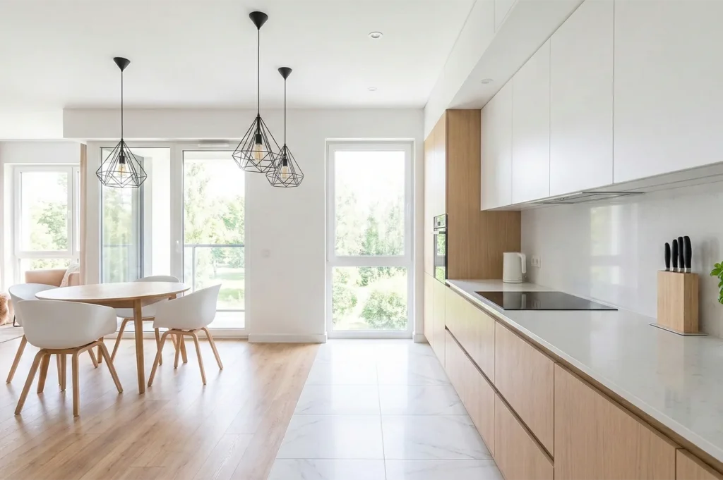 Modern open-plan kitchen and dining area with geometric pendant lights, a round wooden table, and white marble-style floor tiles.