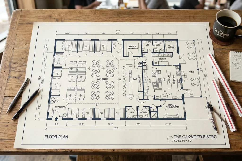 A detailed architectural floor plan blueprint for The Oakwood Bistro, showing dining areas, bar, kitchen, and patio layout.