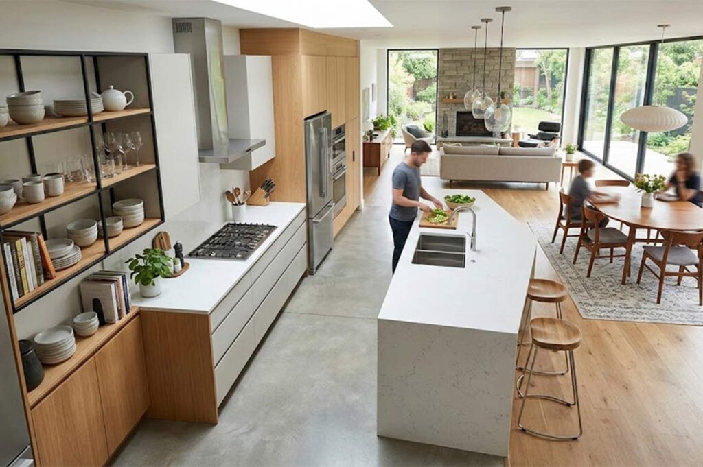 High-angle view of a minimalist open-plan kitchen featuring light wood cabinets, concrete floors, and a long white breakfast bar overlooking a living room.