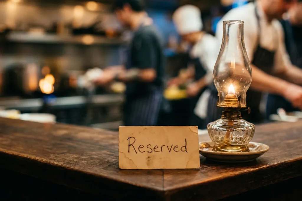 A close-up of a handwritten 'Reserved' card and a vintage glass oil lamp on a wooden counter, with a busy professional kitchen blurred in the background.
