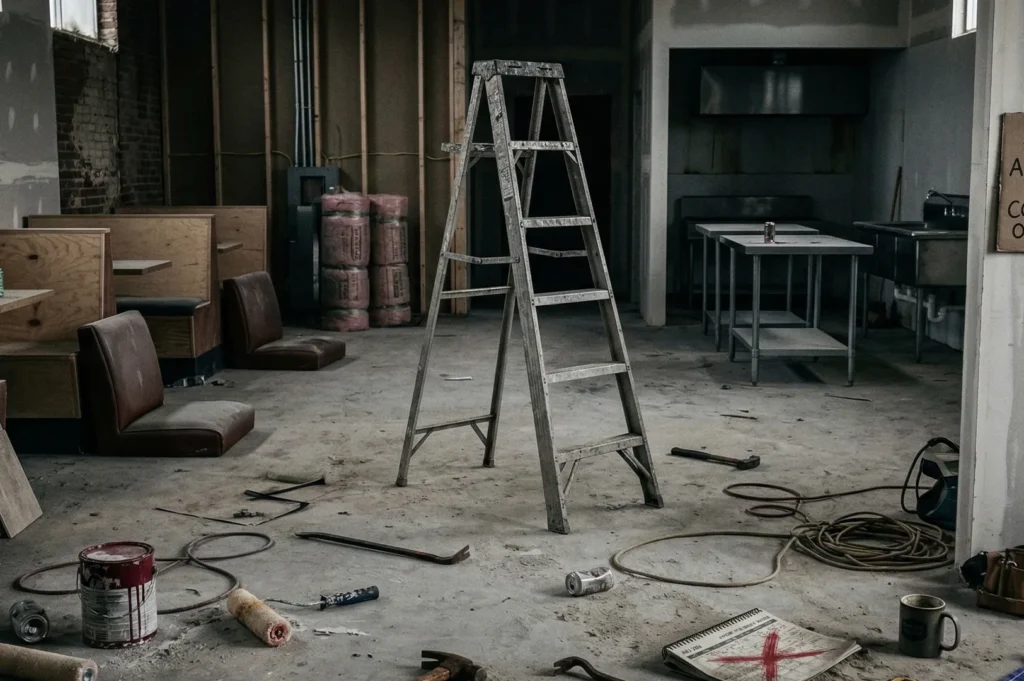 A dimly lit, cluttered construction site with a metal ladder in the center, surrounded by scattered tools, paint cans, and loose cables. A mood of disarray prevails.