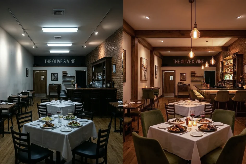A side-by-side comparison showing a restaurant interior with cold fluorescent lighting versus warm amber ambient lighting and Edison bulbs.