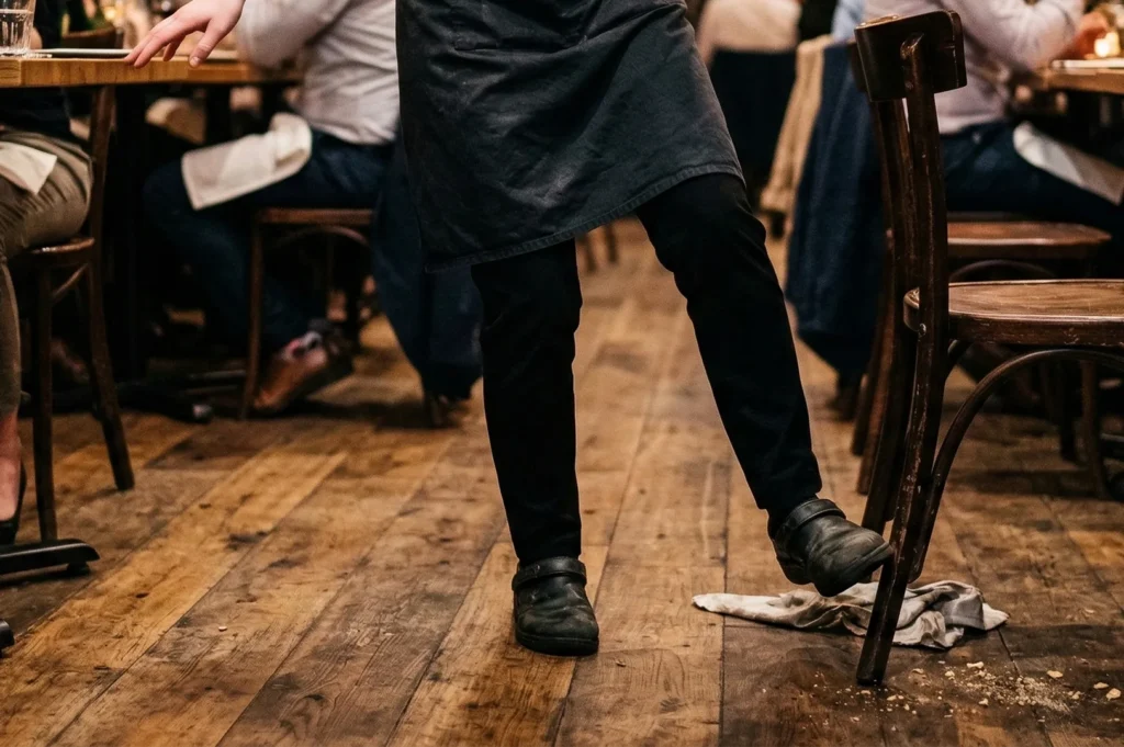 A waiter in black shoes and an apron trips over a white cloth on a wooden floor in a busy restaurant. The atmosphere is bustling and lively.