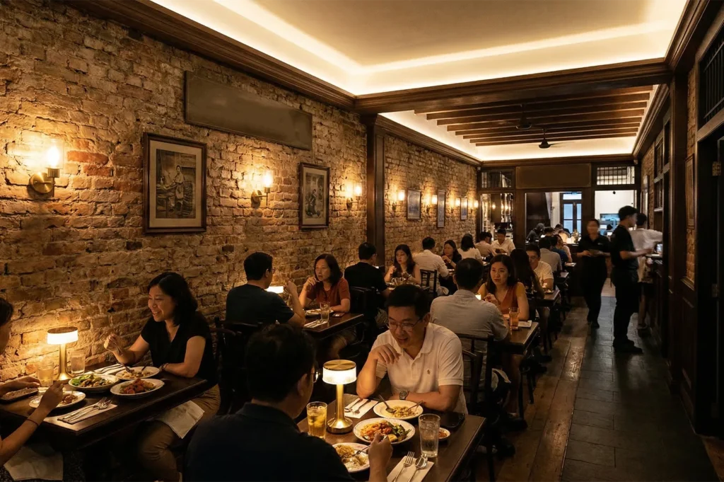 Warmly lit restaurant interior featuring exposed brick walls, vintage framed art, and patrons dining at wooden tables.