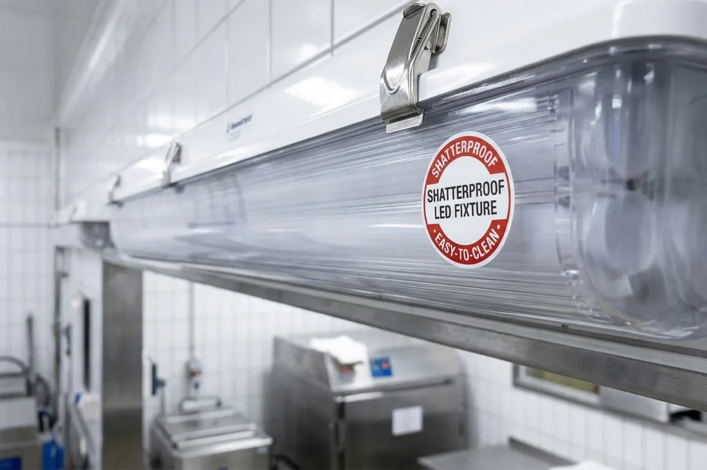 Close-up of a shatterproof LED light fixture with a food-safety certification label in a professional kitchen.