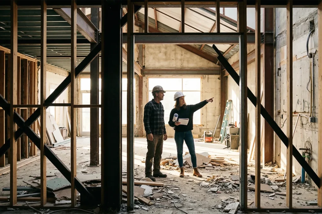 Two construction workers in hard hats stand in a partially built structure. One points ahead, discussing plans amidst scattered building materials. Bright daylight streams in.