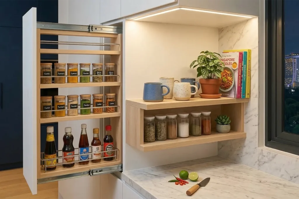 Close-up of a custom wooden pull-out spice rack organized with labeled glass jars next to a marble countertop.