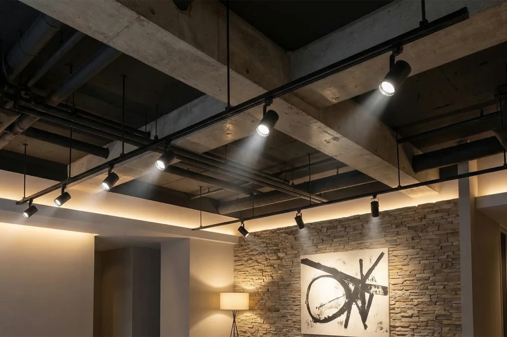 Black adjustable track lighting spotlights installed on an industrial-style exposed concrete ceiling with pipes.