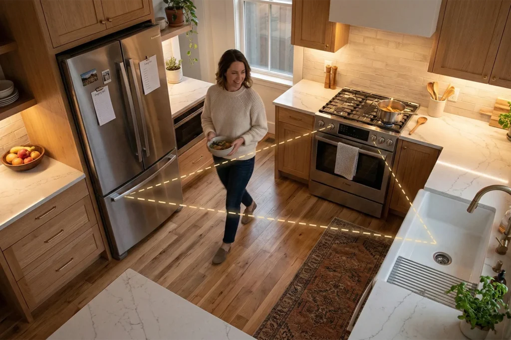 Overhead view of a woman in a traditional kitchen with a dashed line overlay illustrating the kitchen work triangle between the fridge, stove, and sink.