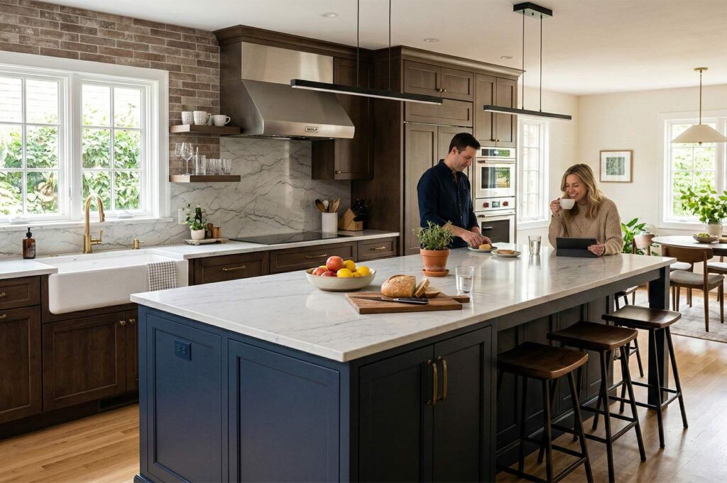 A transitional style kitchen featuring a large navy blue island with marble countertops, dark wood cabinets, and a brick backsplash.