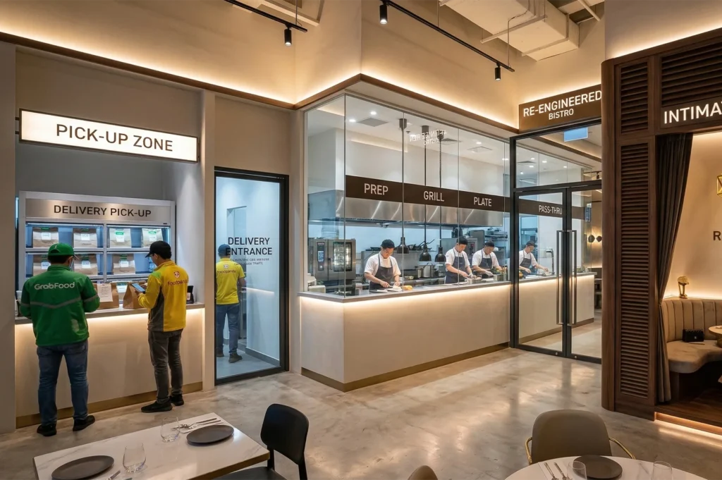 Modern restaurant interior with an open kitchen labeled "Prep," "Grill," and "Plate." Delivery riders in uniform collect orders at a pick-up zone.