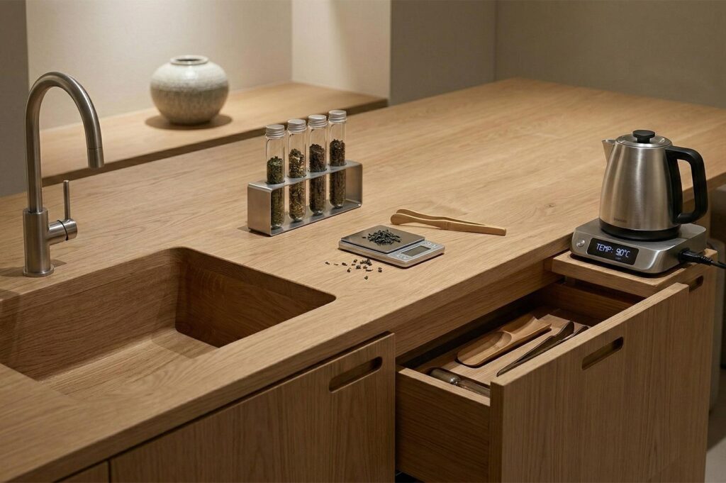 A close-up of a tea preparation counter featuring a built-in wooden sink, digital scale, tea leaf tubes, and a temperature-controlled kettle.