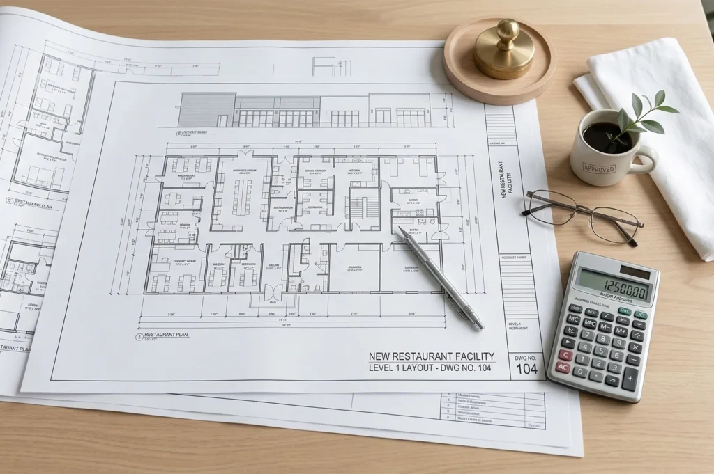 Blueprint of restaurant layout on a desk with a pen, calculator, glasses, small plant in a cup, and a sealed stamp. Professional and organized atmosphere.