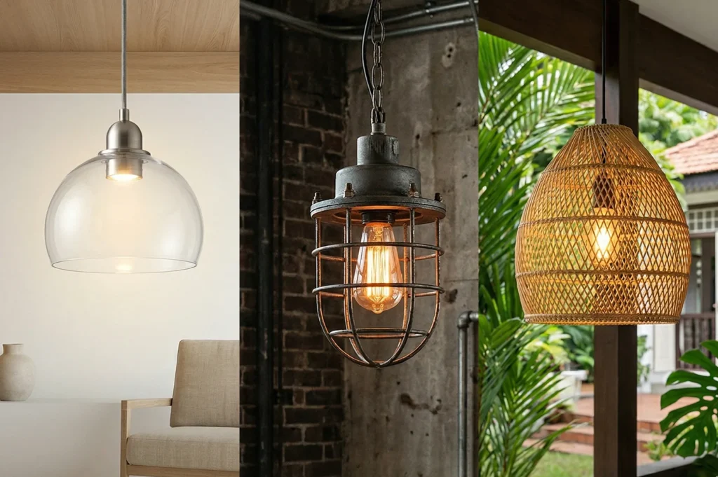 A collage of three pendant light styles: a modern clear glass dome, a rustic industrial cage light, and a bohemian woven rattan shade.