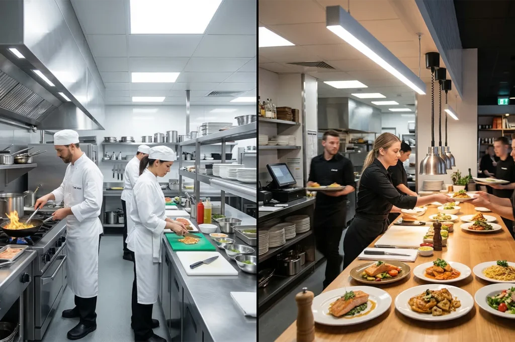 A split view showing professional chefs preparing food in a clean industrial kitchen and servers plating gourmet dishes at a wooden pass.