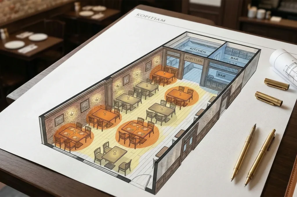 A 3D isometric floor plan illustration of a restaurant labeled "Kopitiam" showing seating arrangements and kitchen layout.