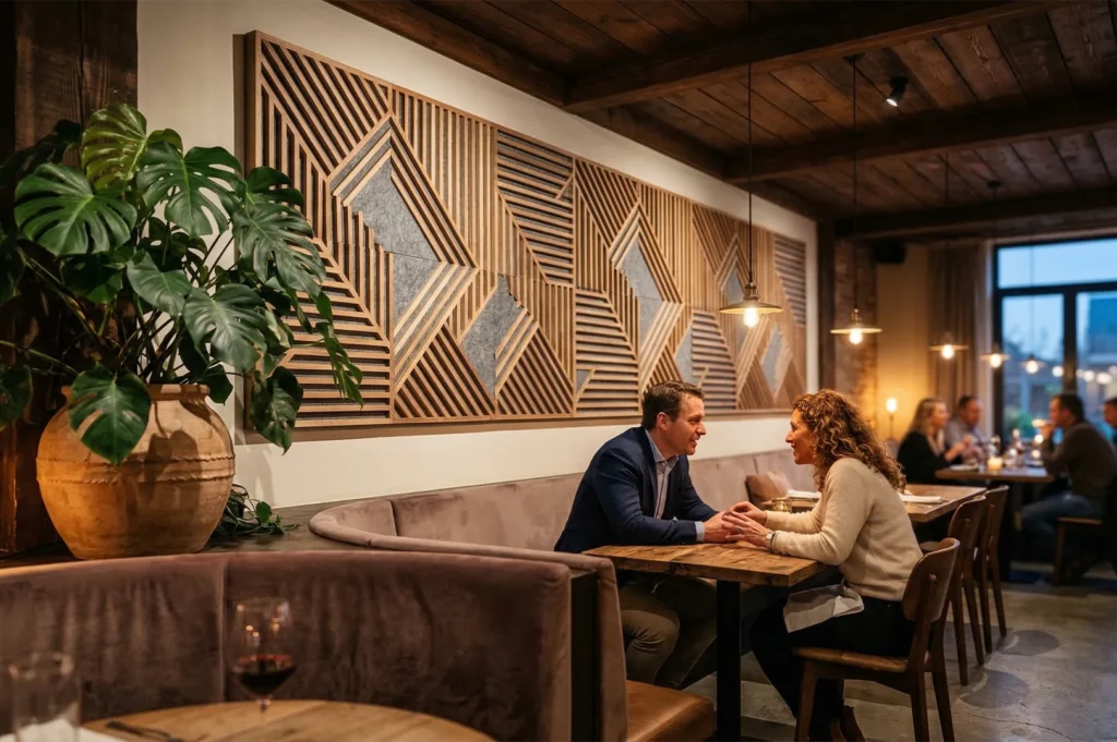 A romantic couple holding hands and talking while seated at a wooden table in a modern bistro, featuring a large geometric wood wall art piece and lush indoor plants.