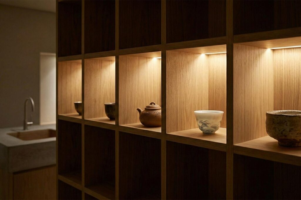 A wooden grid bookshelf with integrated warm LED lighting displaying various handcrafted ceramic tea bowls and a clay teapot.